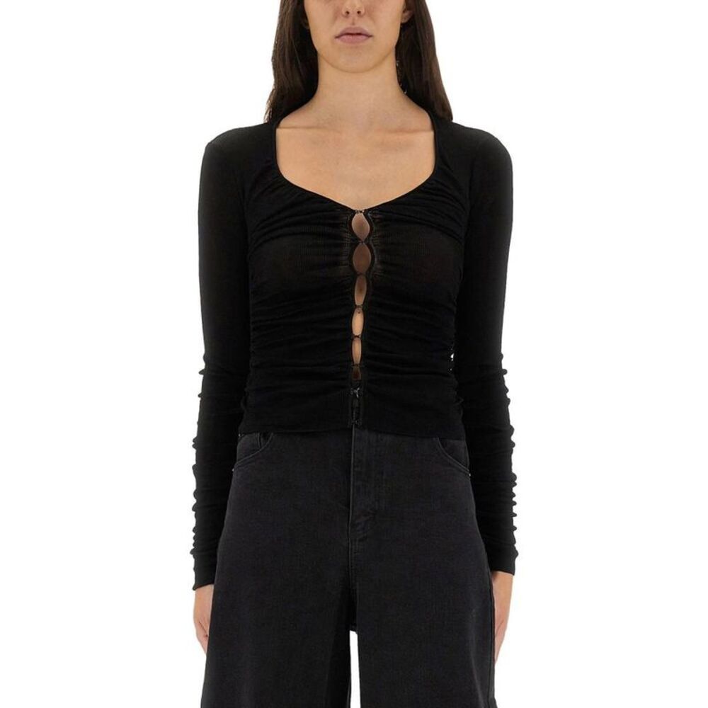 SELF-PORTRAIT Ruched Button-Front Long Sleeve Top Women BLACK Shirts